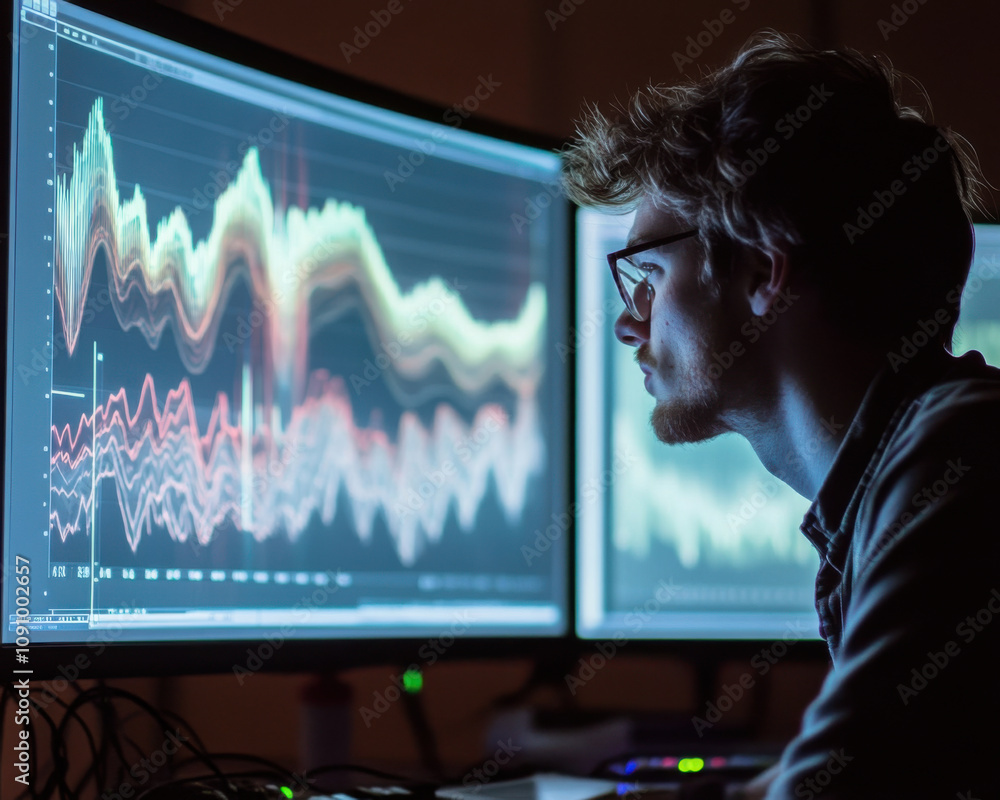 Poster analyzing sonar wave theory on dual monitors, focused man studies data visualizations. his concentra