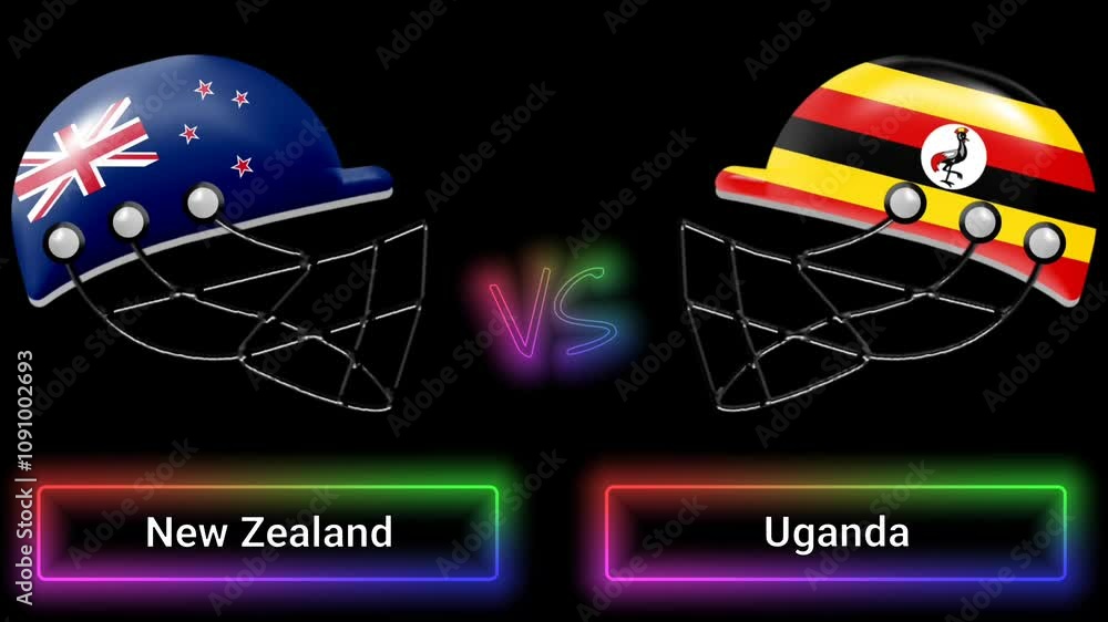 Poster new zealand vs uganda match animation with flags on helmets and colorful border over text all on bla