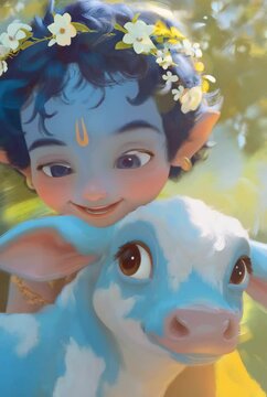 Cute little baby Krishna with sacred cow. Hindu god Lord Krishna with calf. Krishna Janmashtami, Govardhan Puja, Vasubaras. Indian religious festival	
