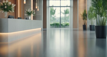 Fototapeta premium Modern reception area with minimalistic design and lush greenery in bright interior space