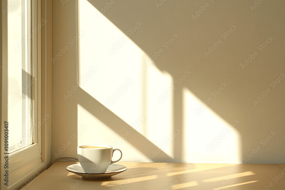 Poster cup of coffee on a wooden table by a sunlit window, with soft shadows creating a calm and cozy atmos