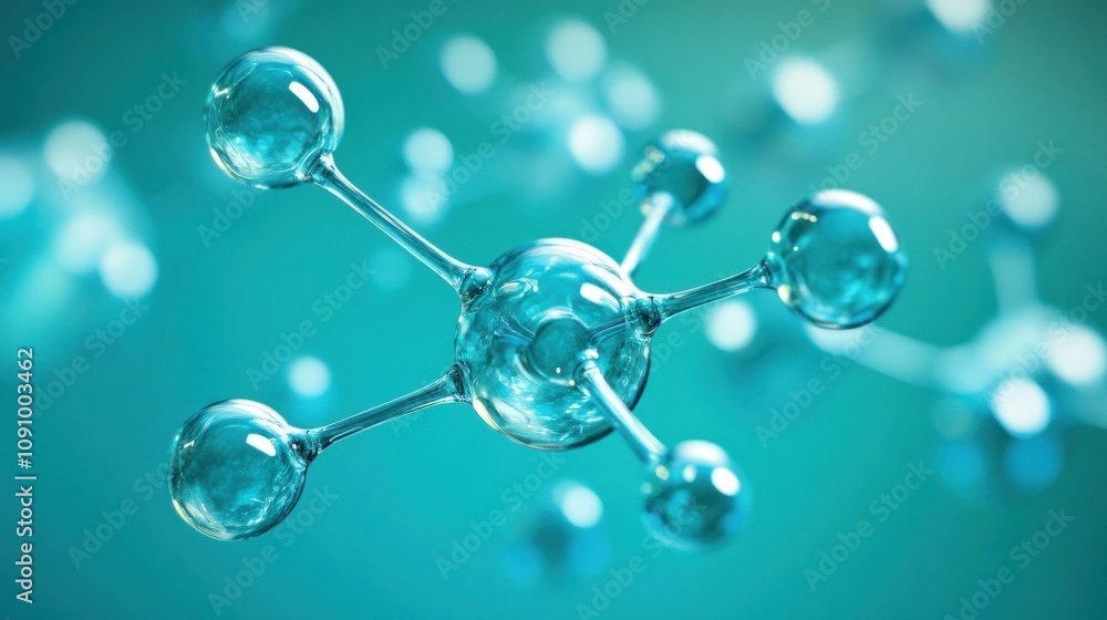 Poster a 3d illustration of a molecular structure in a blue-green gradient background.