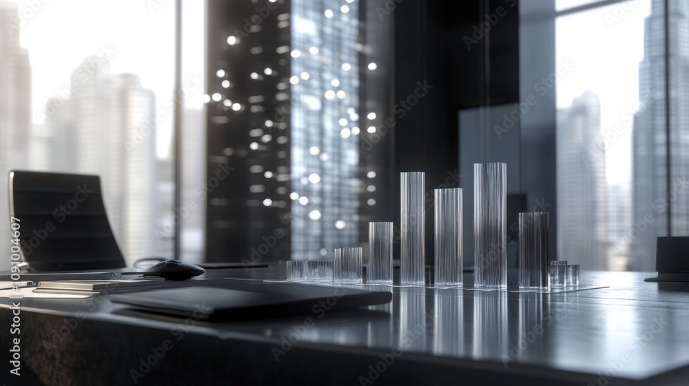 Poster a modern office setting with clear glass structures resembling data visualizations.