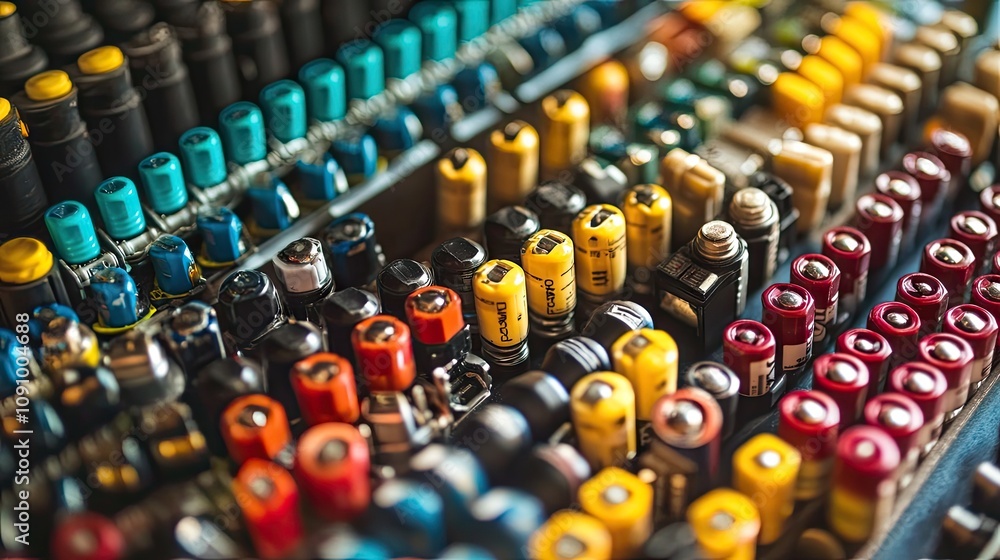 Poster a collection of vehicle fuses and relays, neatly aligned on a clean surface, with vibrant color codi