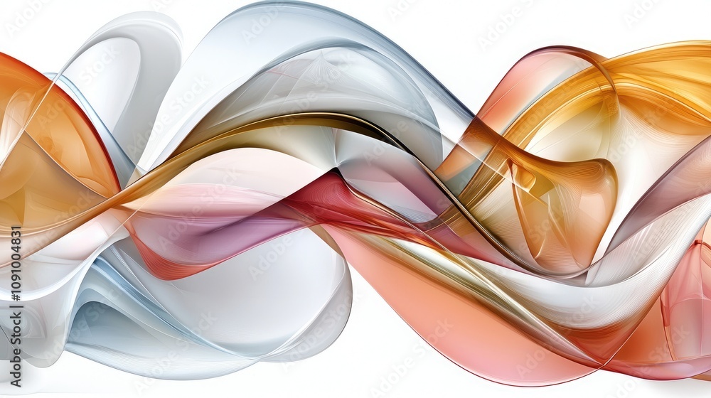 Poster a flowing abstract design featuring smooth curves in soft hues of orange, white, and blue, creating 