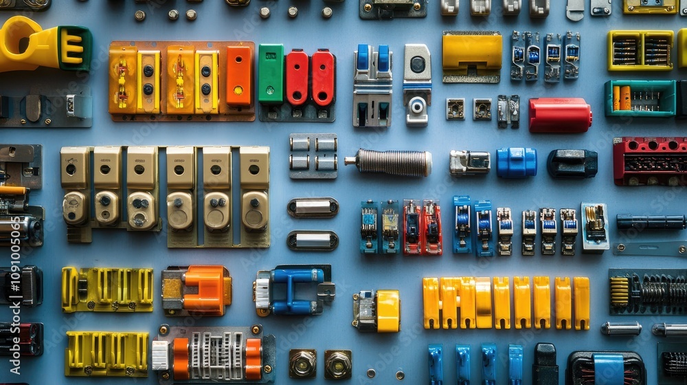 Poster a collection of vehicle fuses and relays, neatly aligned on a clean surface, with vibrant color codi