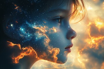 child stands awe as celestial dragons soar starry night backdrop combining mystical serene captivating double exposure portrayal nighttime fantasy.