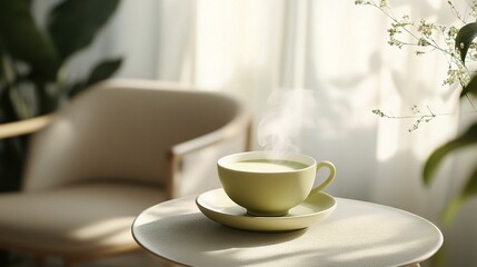 Fototapeta premium Elegant Presentation of a Steaming Cup of Green Tea with Milk on a Stylish Table Surrounded by Soft Natural Lighting