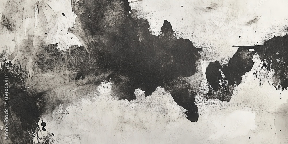 Poster abstract black and white art with brush strokes and ink splashes creating a dynamic monochrome backg