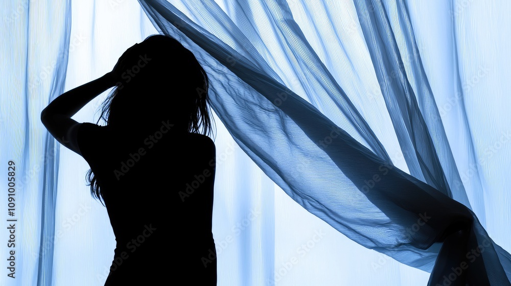 Aufkleber a silhouette of a woman against translucent curtains, creating a serene and mysterious atmosphere wi