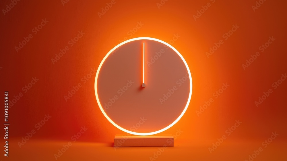 Poster a minimalist clock design featuring an orange background and illuminated circular edges, showcasing 