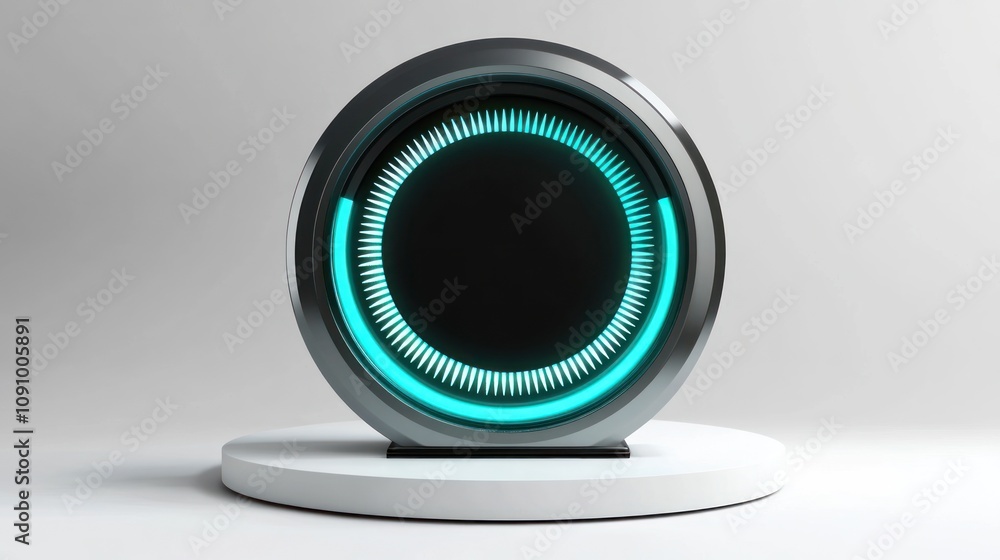 Poster a futuristic device with a circular design and glowing blue accents.