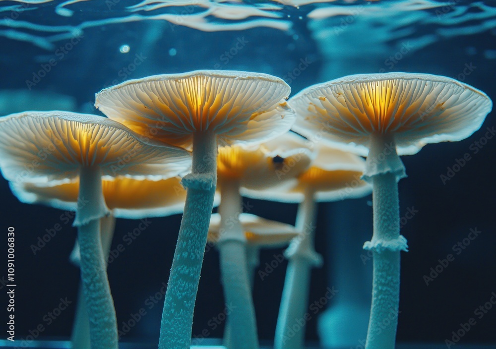 Poster a close-up view of glowing mushrooms under water, showcasing their delicate structures.