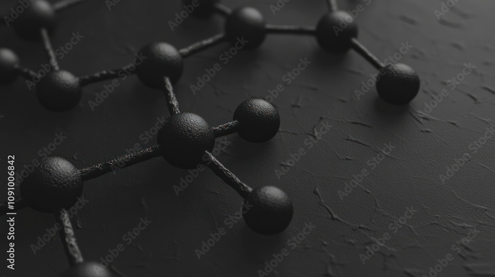 Poster a close-up view of a molecular structure on a textured black surface.