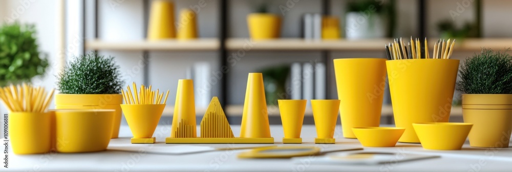 Poster a collection of yellow decorative items and planters arranged on a table.