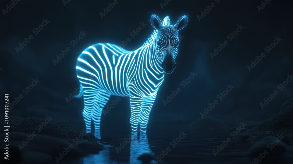 Poster a glowing zebra stands in a dark environment, illuminated with neon-like stripes.