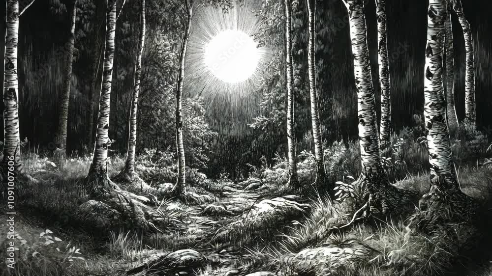 Poster sunlight streams through birch trees in a tranquil forest scene at midday