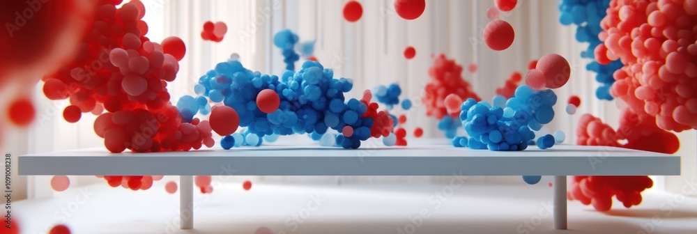 Poster a vibrant scene with red and blue spheres floating above a white platform.