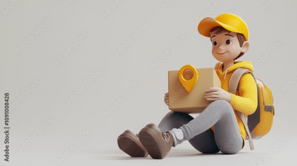 Poster A cheerful animated character holding a package, symbolizing delivery and logistics.