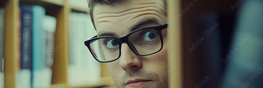 Poster a person with glasses peeking from behind a bookshelf in a library setting.
