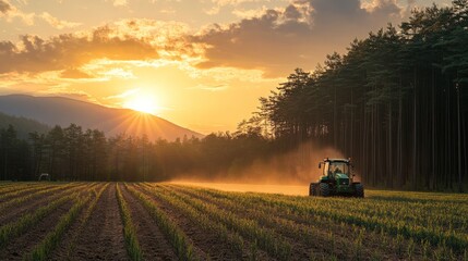Obraz premium A tractor plows a sunlit farmland, creating a scenic view with mountains and trees in the background, capturing the essence of rural agriculture at sunset.