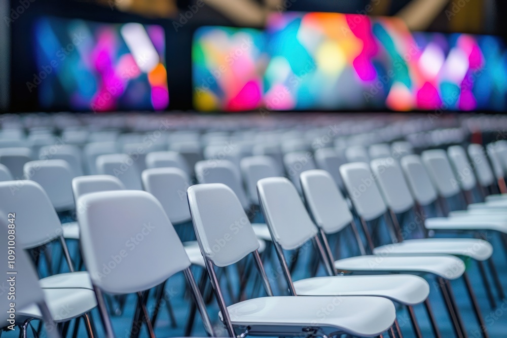 Poster a row of white chairs set up for an event with colorful screens in the background.
