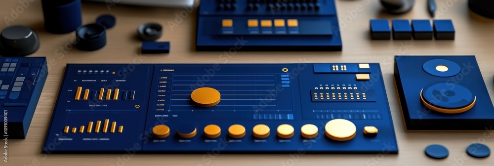 Poster A modern audio control interface with knobs, sliders, and visual displays for sound mixing.