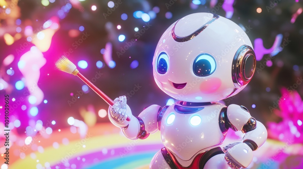 Poster a cheerful robot holding a paintbrush, surrounded by colorful lights and a vibrant background.