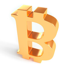 Golden bitcoin sign on white background. Top view. 3d render.