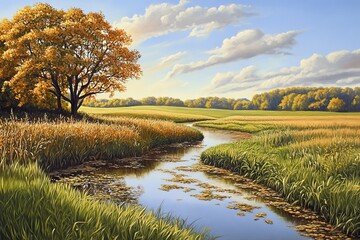 Serene Autumn Landscape with Gentle Stream and Trees