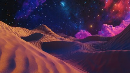 Surreal desert with massive, colorful sand dunes and a starry night sky, glowing constellations and surreal dreamlike feel