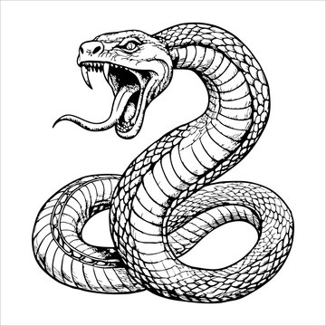 A black and white drawing of a snake with its mouth open