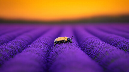 Solitary Journey Through Lavender Fields: A lone bee traverses rows of lavender blossoms, silhouetted against a vibrant sunset.