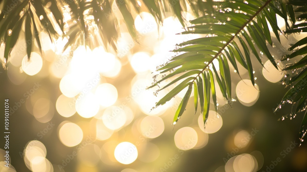 Poster sunlight filtering through palm leaves, creating a serene, bokeh effect.