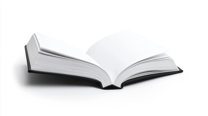 Fototapeta premium Open blank book with white pages and black cover on a white background, symbolizing creativity and potential.