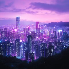 Obraz premium Vibrant purple and pink cityscape at twilight. Modern skyscrapers illuminated against a dramatic sky. High angle view of a futuristic city.