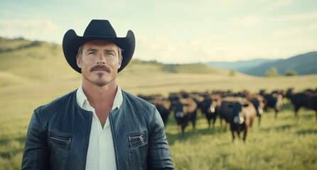Cowboy on a ranch with cattle in the countryside during golden hour