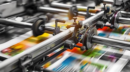 A close-up of a printing press in motion, showcasing vibrant printed materials being produced.