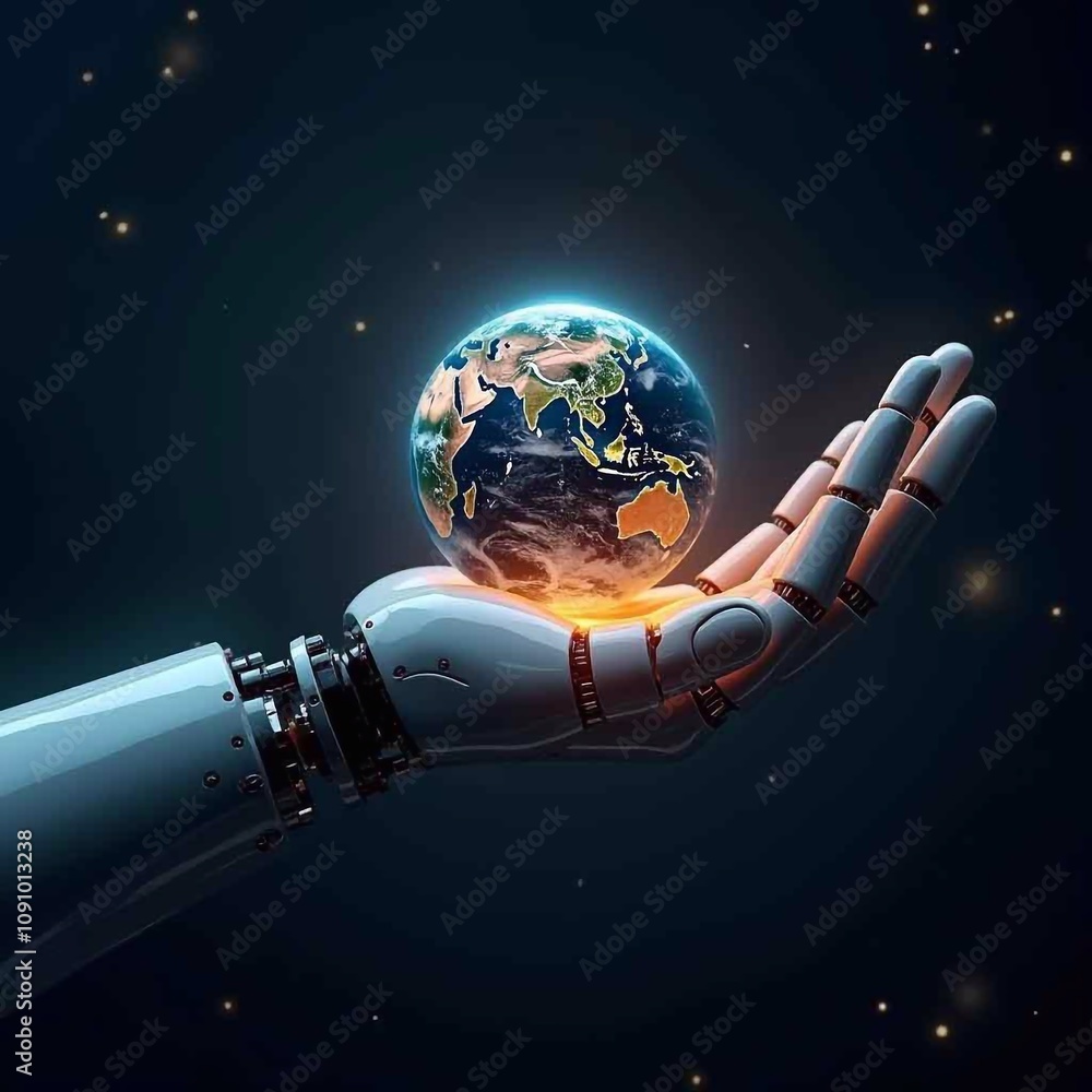 Wall mural the globe rests in the palm of a robotic hand. futuristic dark blue background - generative ai