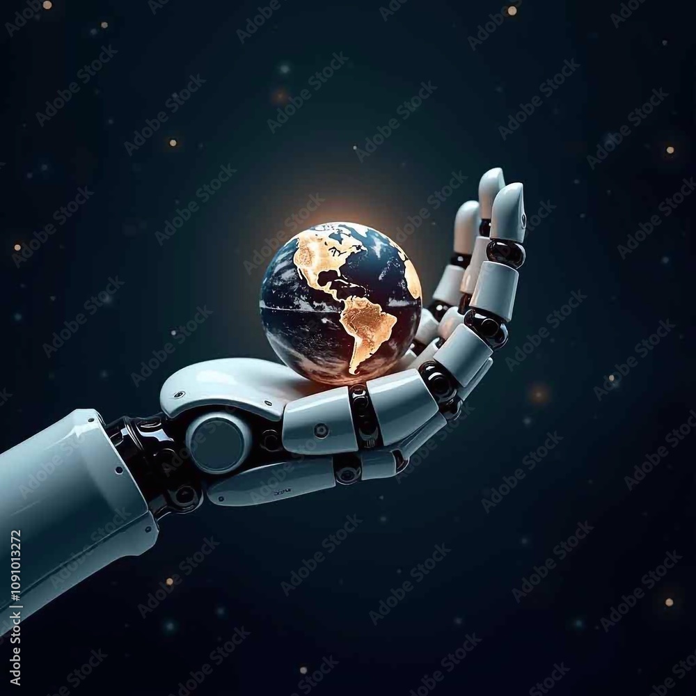 Wall mural the globe rests in the palm of a robotic hand. futuristic dark blue background - generative ai