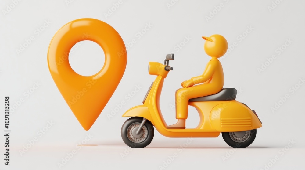 Poster a stylized orange scooter with a person and a location pin, symbolizing delivery or navigation.