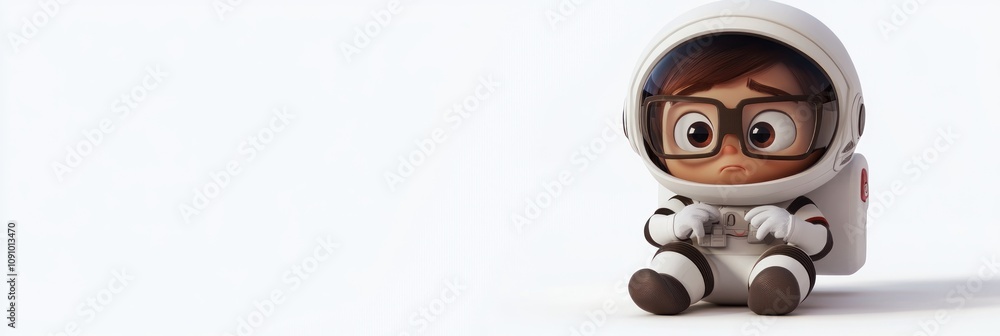Poster A cartoon child in a space suit sitting and playing with a game controller.