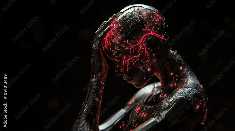Poster a futuristic ai robot holding its head in contemplation, with glowing neural patterns visible on its