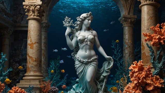 Sculpt Amphitrite, the goddess of Poseidon, holding a pearl, standing in an underwater palace, set against vibrant coral reefs and marine life, symbolizing the power of the ocean and beauty.
