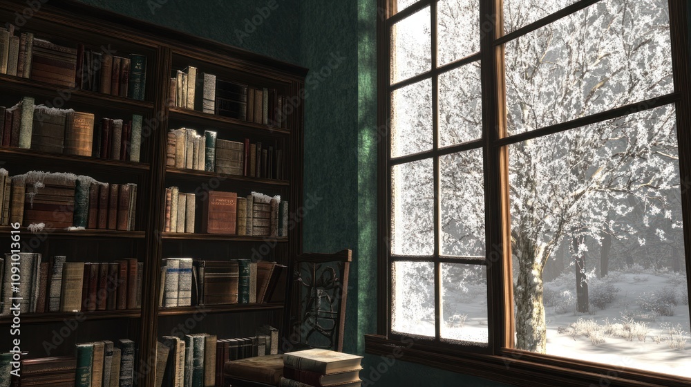 Poster A cozy library scene with snow-covered trees visible through a large window.