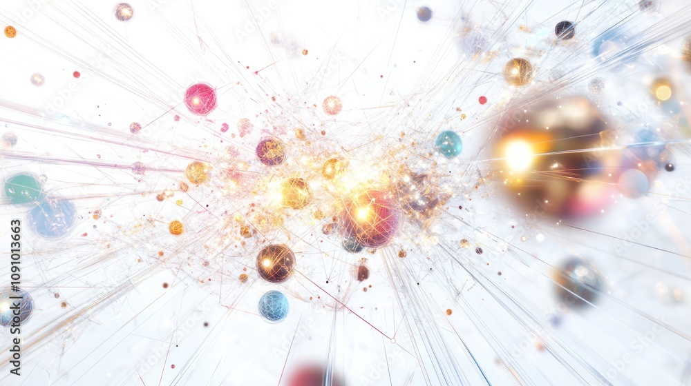 Poster communication network, featuring intricate patterns of light and energy beams interconnecting variou