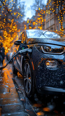 Photo Electric Car Charging Station City Lights Night Rain