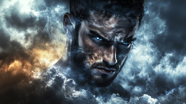 A powerful depiction of a man's intense gaze, surrounded by dramatic clouds and lightning, reflecting inner turmoil.