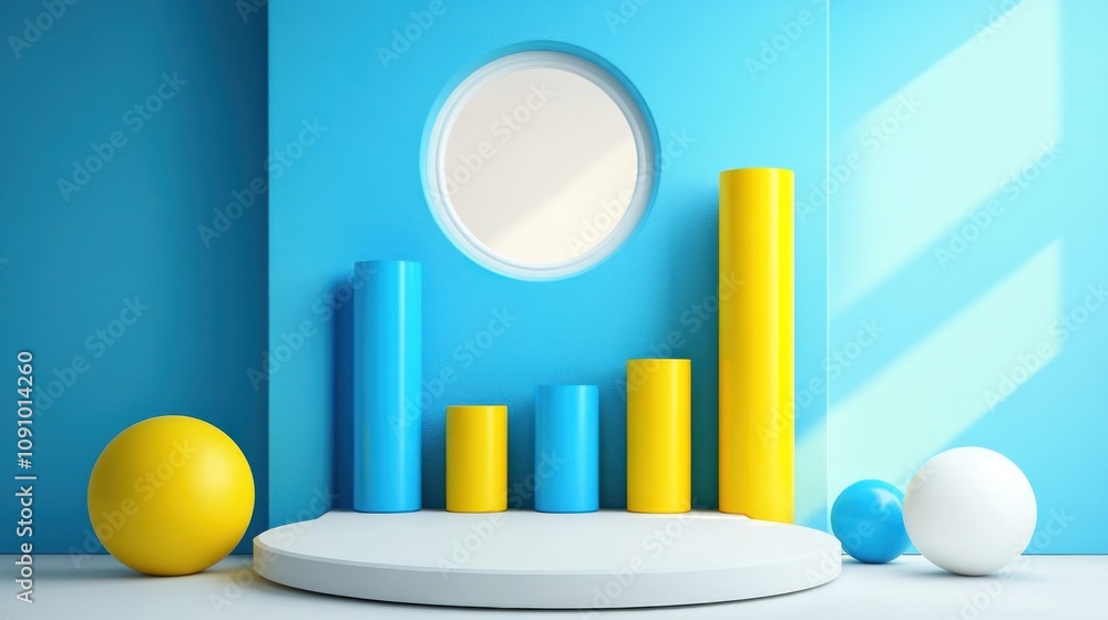 Poster a colorful display of geometric shapes in a bright, minimalist setting.