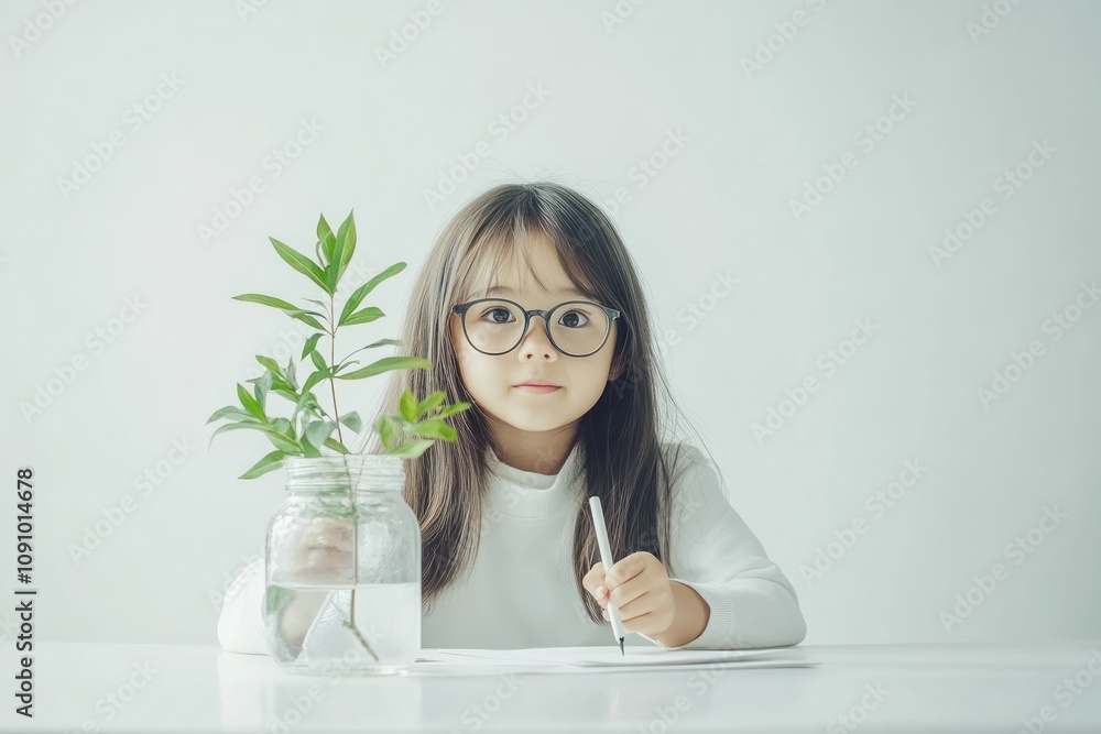 Poster a child sits at a table with a plant, writing in a notebook, exuding curiosity and creativity.